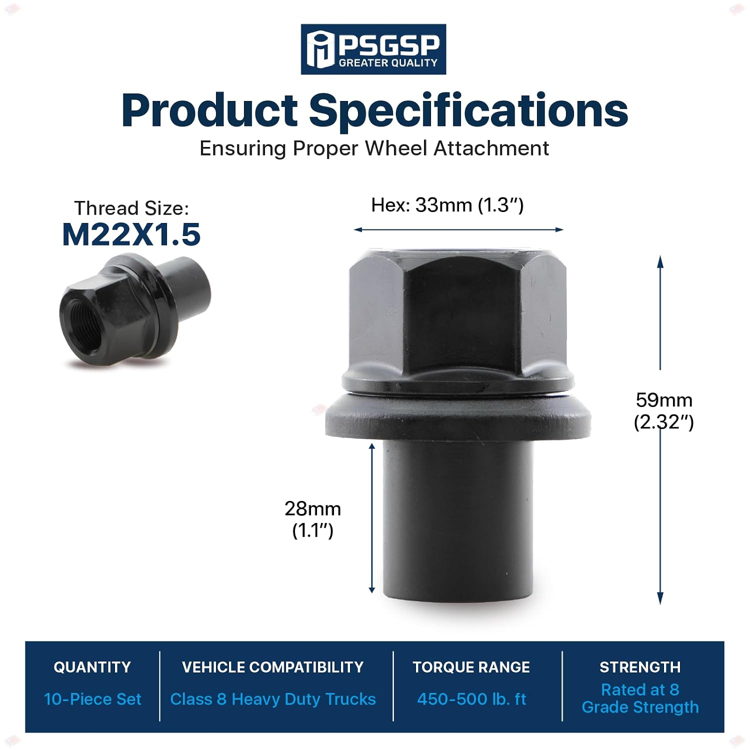 Two-Piece 28mm Sleeve Flanged Wheel Nuts 10PCS, M22x1.5 Hex:33mm Black for Heavy Duty Truck Semi Truck Fit Dual Alcoa Aluminum Wheels with Hub Piloted Seat & 26mm Bolt Hole Size