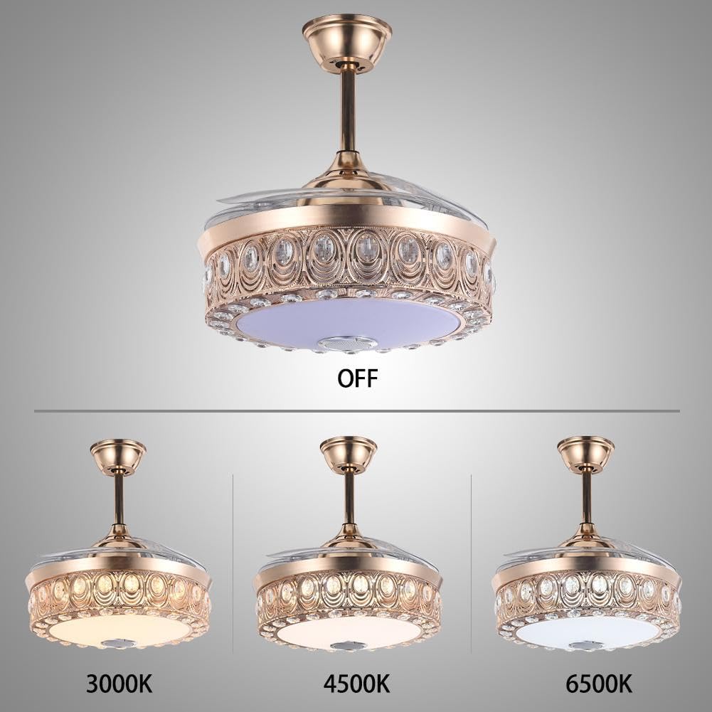A Million Modern Fandelier Ceiling Fan with Light and Remote, 42'Gold Retractable Chandelier Ceiling Fans with Bluetooth Speaker 3 Speeds RGB LED Light Crystal Fandeliers for Dining Room Bedroom