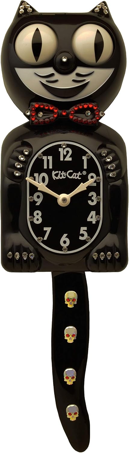 Kit Cat Klock Hand Crafted Skull Tail/Bow Crystals Jeweled Clock