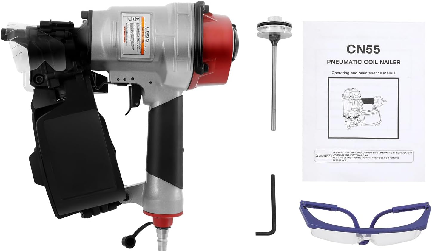 Pneumatic Nail Gun CN55 Coil Siding Nailer With 2 Shooting Modes 1 Inch to 2-1/4-Inch 15-16 Degree Roofing Coil Nailer-Accommodate 300-350 Nails for Pallets, Siding, Crating, Fencing, Decking