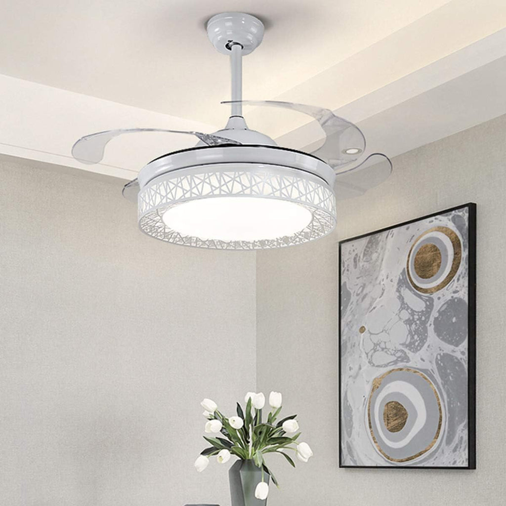 42' Retractable Ceiling Fan with Light, Modern Chandelier Ceiling Fan with Remote, Retractable Blades, 3 Color Light Dimmable Ceiling Fan and Light for Bedroom Living Room Dining Room (White)