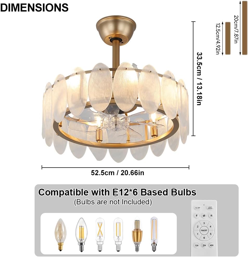 Deckrico 20' Gold Ceiling Fan with Crystal Light Modern Crystal Fandelier Chandelier Semi Flush Mount with Remote Control 6 Speeds for Bedroom, Living Room, Dining Room