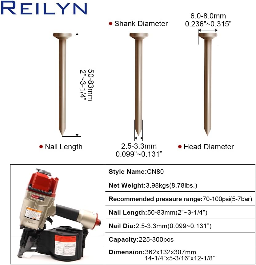 Coil Nail Gun CN80, 2 inch to 3-1/4-inch 15 Degree Siding Nailer, Heavy-Duty Pallet Coil Nailer for Framing, Sheathing, Wooding Fencing, Decking