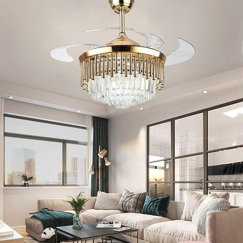 Fandian Crystal Ceiling Fan with Light Remote Control Fandelier, Modern Retractable Luxury Chanmdeliers Fan with 3 Color Change LED Light 3 Speed for Living Room Bedroom