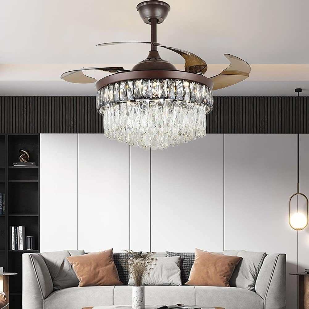 Fandian 42' Modern Crystal Ceiling Fan with Lights Remote Control Brown Chandelier Fixtures, Luxury Retractable Baldes Fandelier, 3 Color Lighting for Dining Room, Living Room