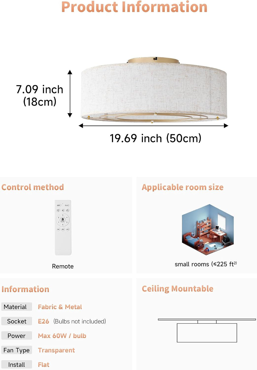 Ceiling Fans with Lights, 20' Boho Ceiling Fan with Light Flush Mount, Drum Rattan Low Profile with 6 Speeds, Remote Control for Bedroom, Nursery, Living Room