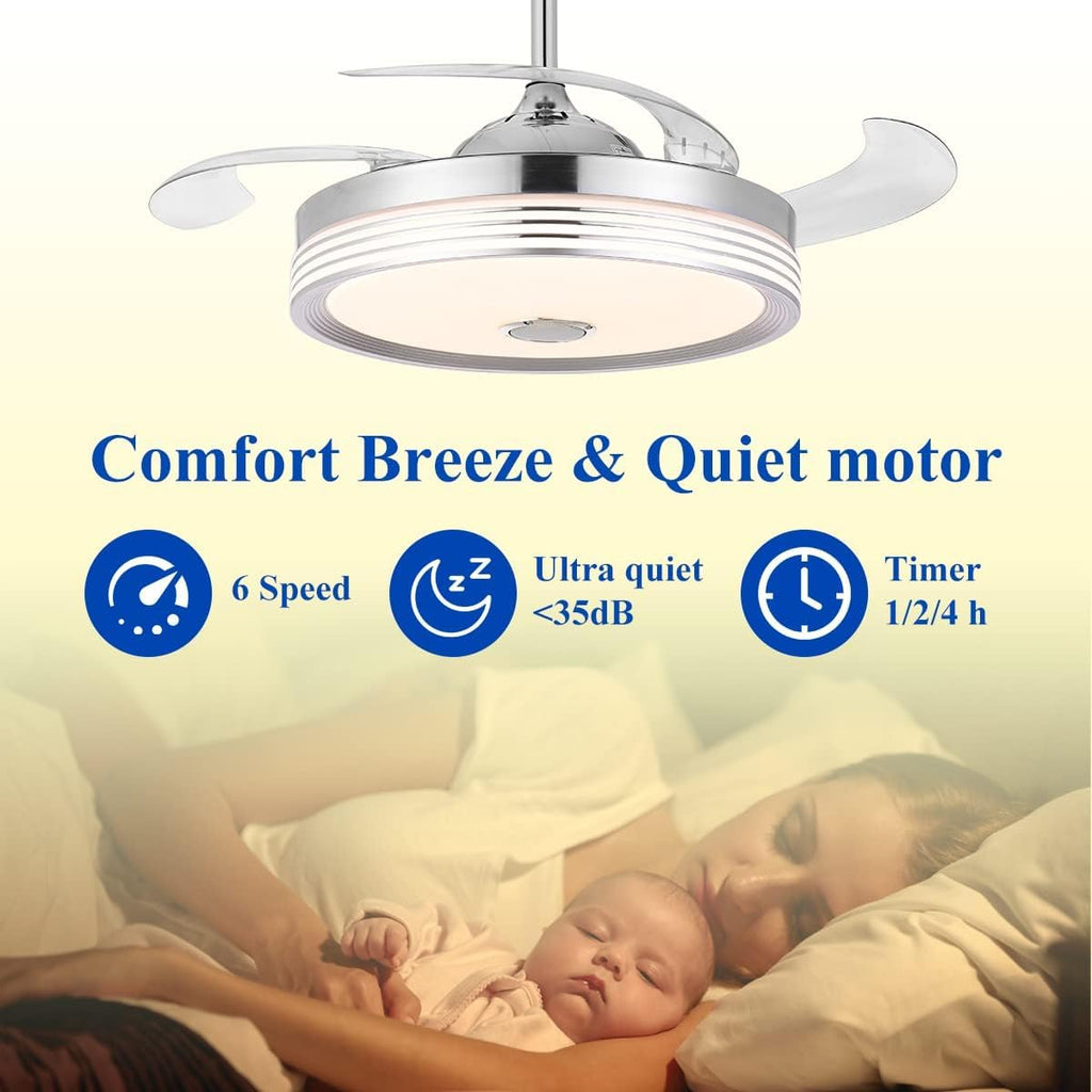 48 inch Modern Retractable Ceiling Fan with Lights and Remote Control, 6Speed Dimmable Fandelier, Smart Ceiling Fan Light with Bluetooth Speaker, RGB Color Reversible Bedroom Living Room, Chrome