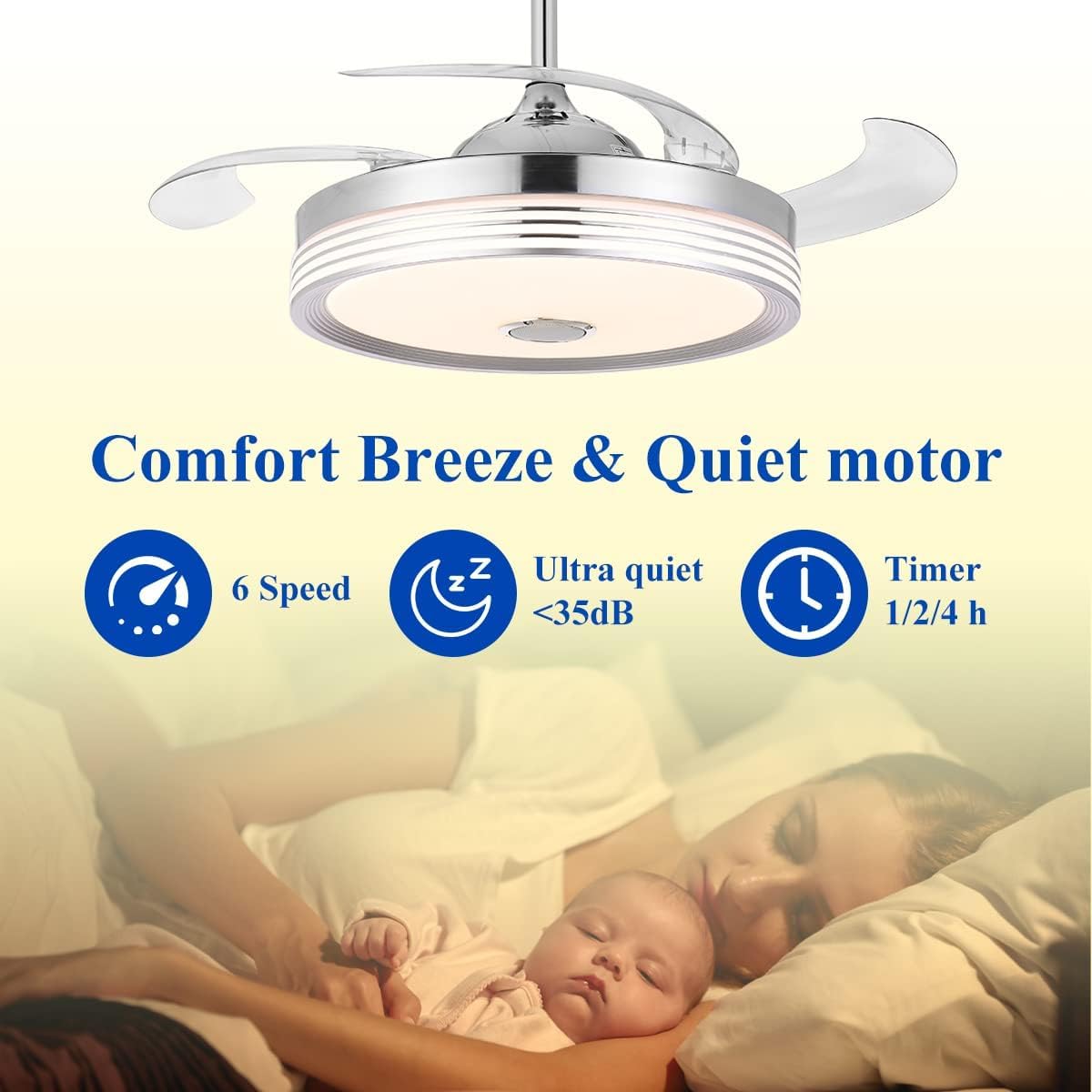 48 inch Modern Retractable Ceiling Fan with Lights and Remote Control, 6Speed Dimmable Fandelier, Smart Ceiling Fan Light with Bluetooth Speaker, RGB Color Reversible Bedroom Living Room, Chrome