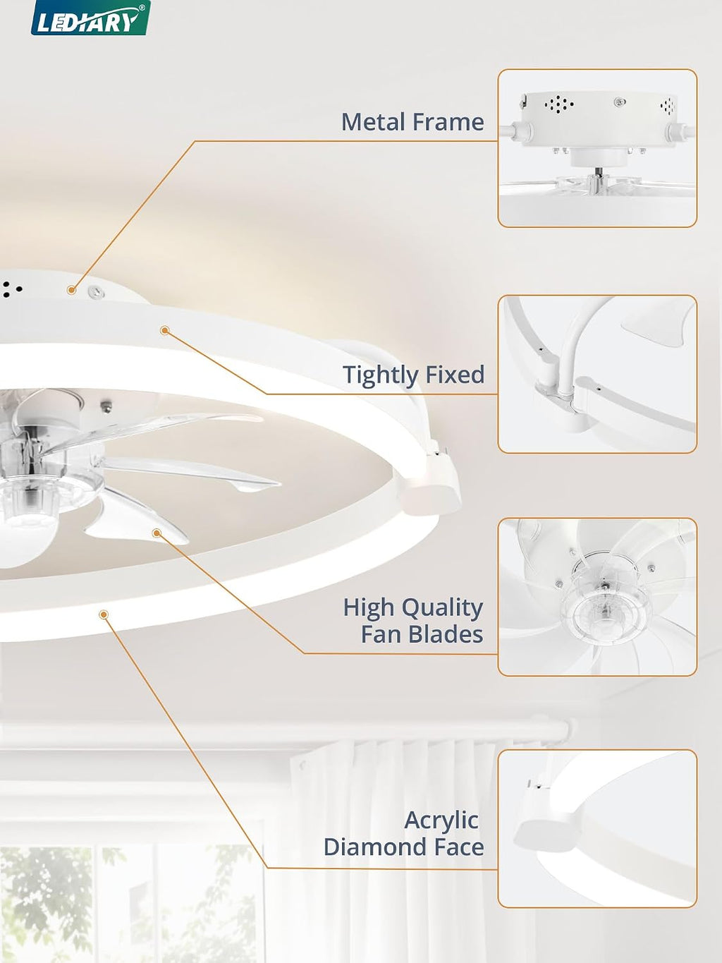 LEDIARY 20 Inch and 24 Inch Ceiling Fans with Lights and Remote, 3000-6000K Dimmable Modern Flush Mount LED Fan Light, 6 Wind Speeds, White Fandelier Ceiling Fans for Bedroom