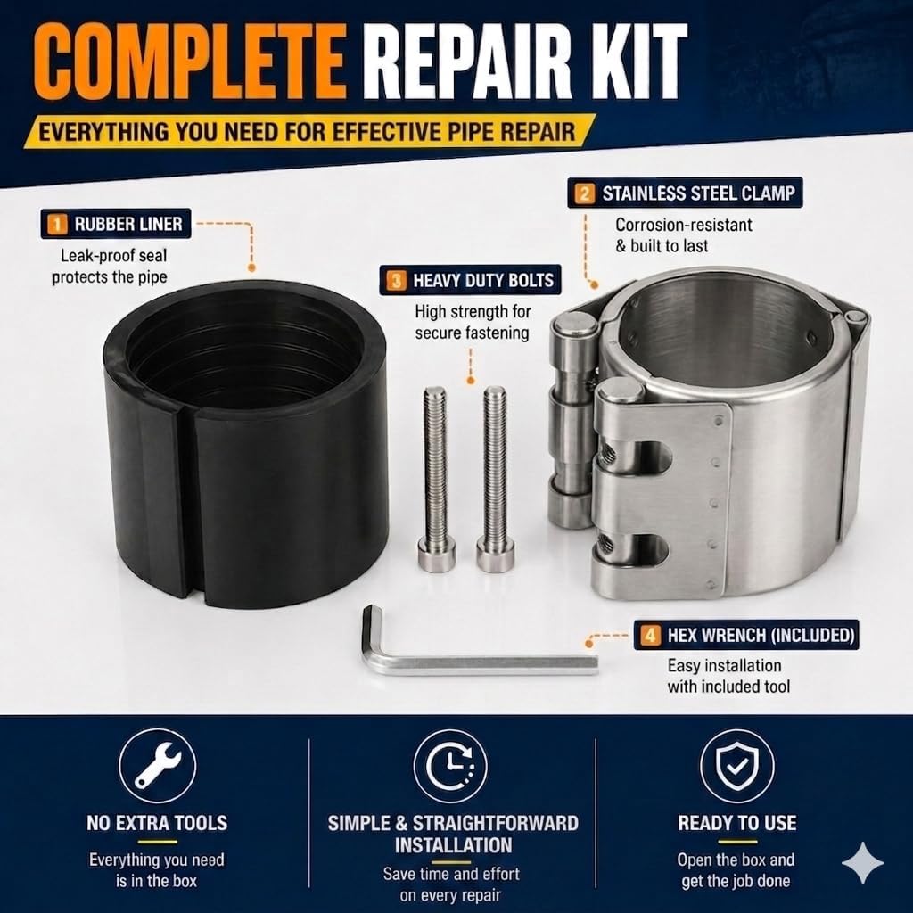 Pipe Repair Clamp，5 inch(138mm-144mm) Stainless Steel Leak Sealer, Heavy Duty Pipe Leak Repair Kit for Metal & PVC Pipes, for Burst & Crack Water Pipe Emergency Maintenance