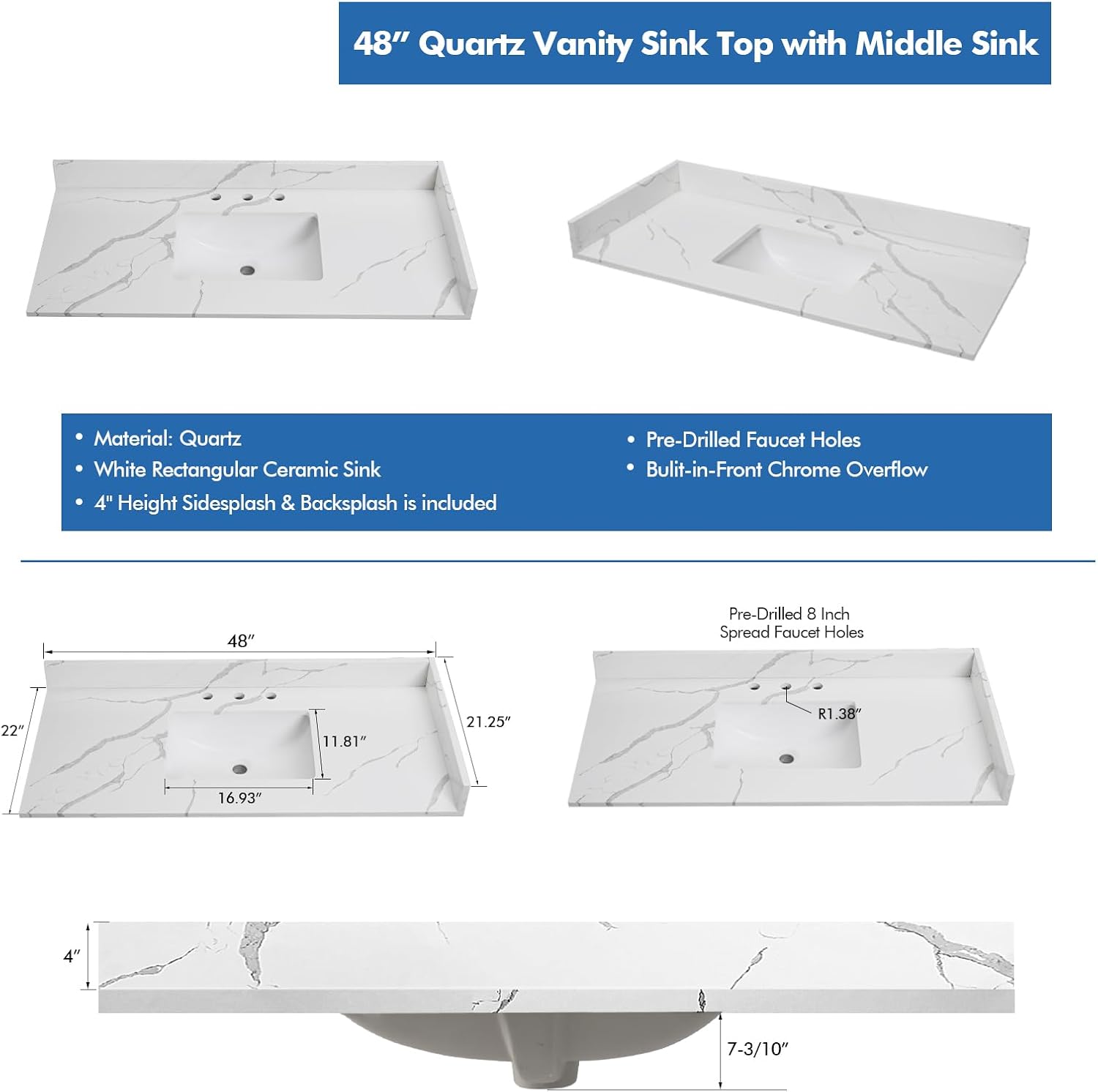 48 in.W x 22 in.D Quartz Calacatta River Vanity Top,with Undermount Single Middle Sink Vanity Top,with Two Sidesplash & One Backsplash,8 Inch Faucet Hole Spread Bathroom Vanity Sink Countertop