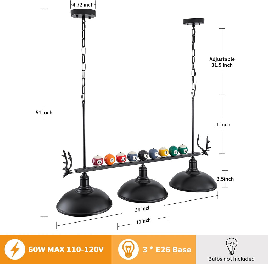 Billiard Lighting Hanging Restaurant Pendant: Pool Table Light for 7'-8' Table,3 Light Modern with Black Metal Shade Pendant Lighting Fixture for Billiards Room,Game Room,Kitchen Island (38 inch)