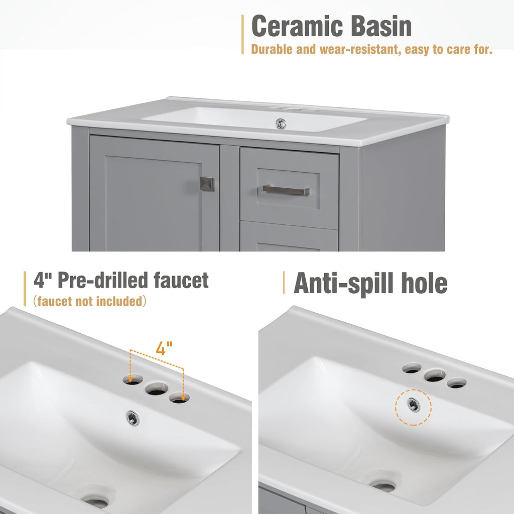 Mirightone 30' Bathroom Vanity with Sink, 30 Inch Bathroom Vanity with Top, 3 Drawers and 1 Soft Closing Door, Modern Bathroom Vanity with Sink 30 Inch for Bathroom (Grey)