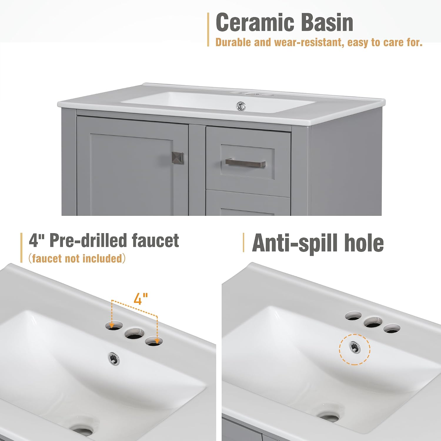 Mirightone 30' Bathroom Vanity with Sink, 30 Inch Bathroom Vanity with Top, 3 Drawers and 1 Soft Closing Door, Modern Bathroom Vanity with Sink 30 Inch for Bathroom (Grey)