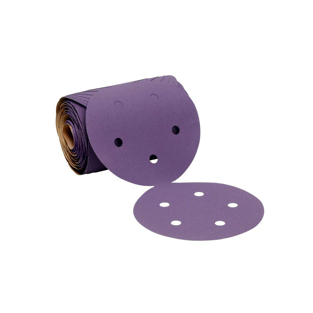 3M Cubitron II Stikit Film Disc Roll 775L, 5 in x NH, 5 Hole, D/F, 120+, 3MIL, Die 500FH, 125 Discs per roll