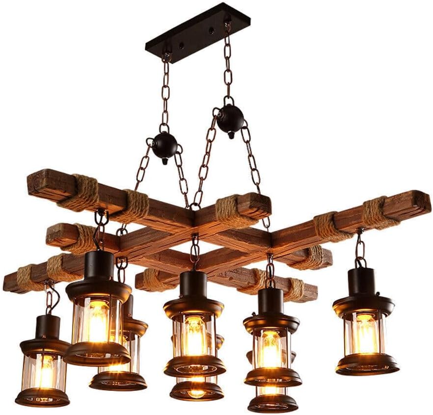 8-Head Industrial Wooden Chandeliers, Vintage Wooden Chandeliers, Durable Vintage Lamps, Retro Ceiling Light, Farmhouse Chandelier Hanging, for Pool Table Kitchen Bar