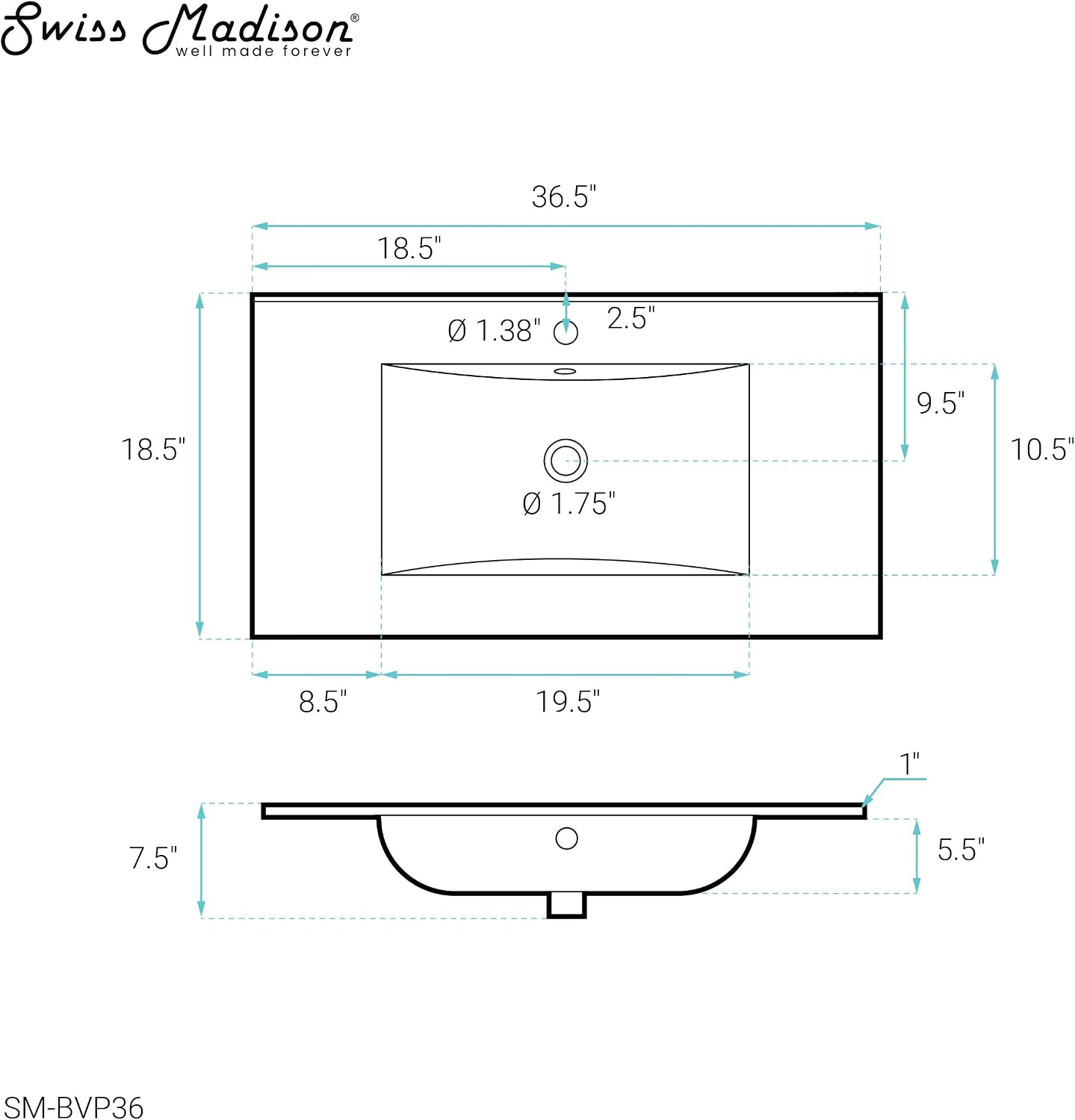 36' Ceramic Vanity Sink Top