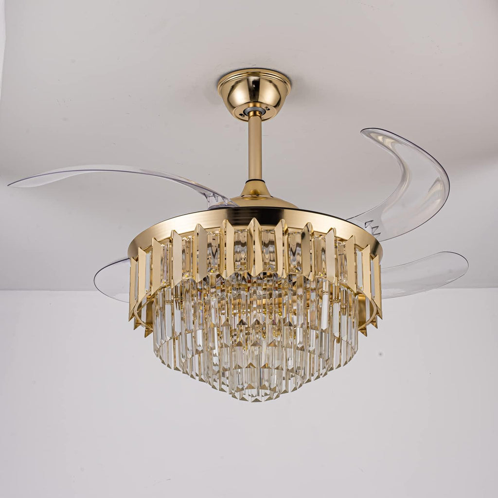 42 Inch Chandelier Ceiling Fan Modern Crystal Ceiling Fan with Lights Remote Control 6 Speed 3 Color Dimmable Silent Luxury Fandelier with Retractable Blades for Living Room Bedroom Decoration Gold