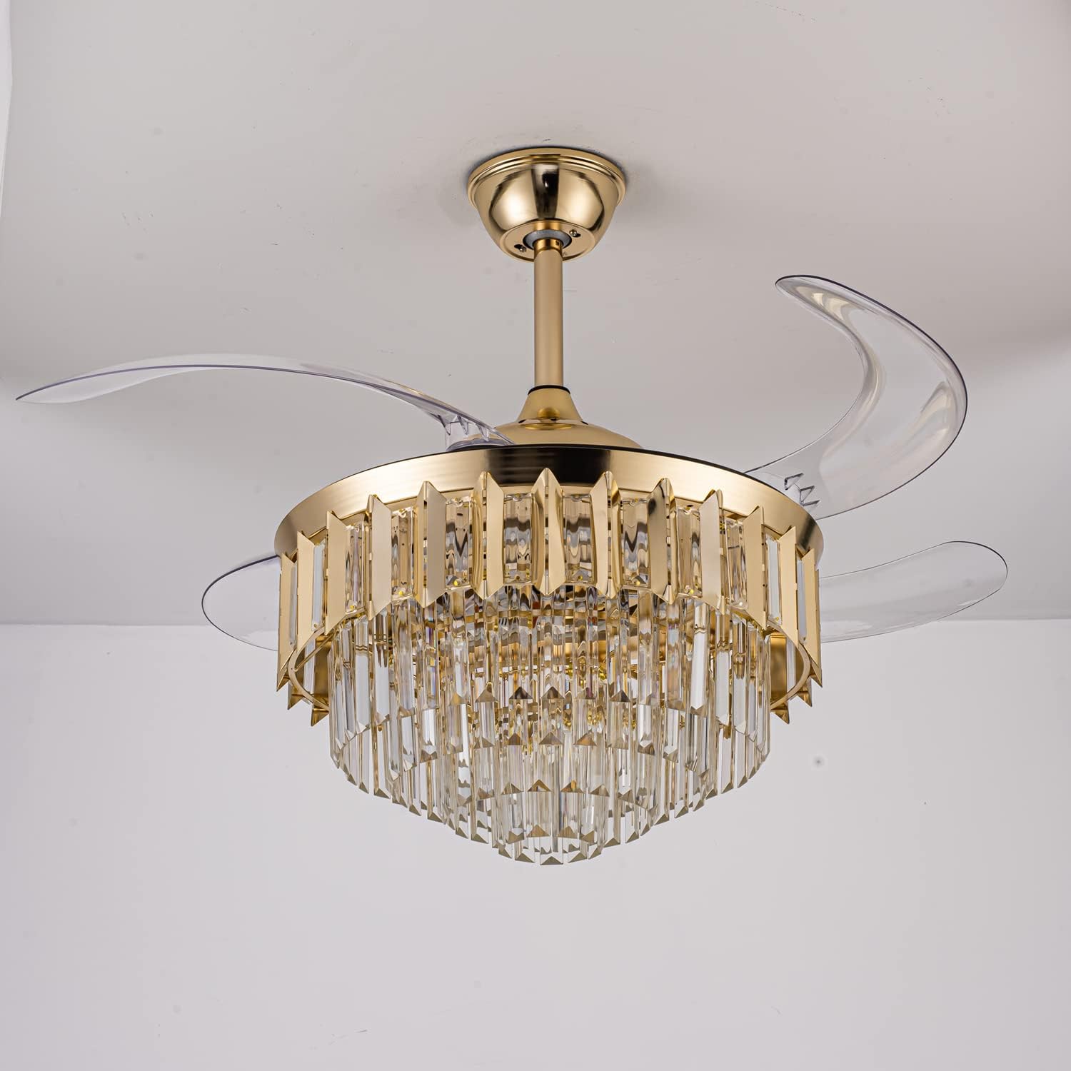 42 Inch Chandelier Ceiling Fan Modern Crystal Ceiling Fan with Lights Remote Control 6 Speed 3 Color Dimmable Silent Luxury Fandelier with Retractable Blades for Living Room Bedroom Decoration Gold