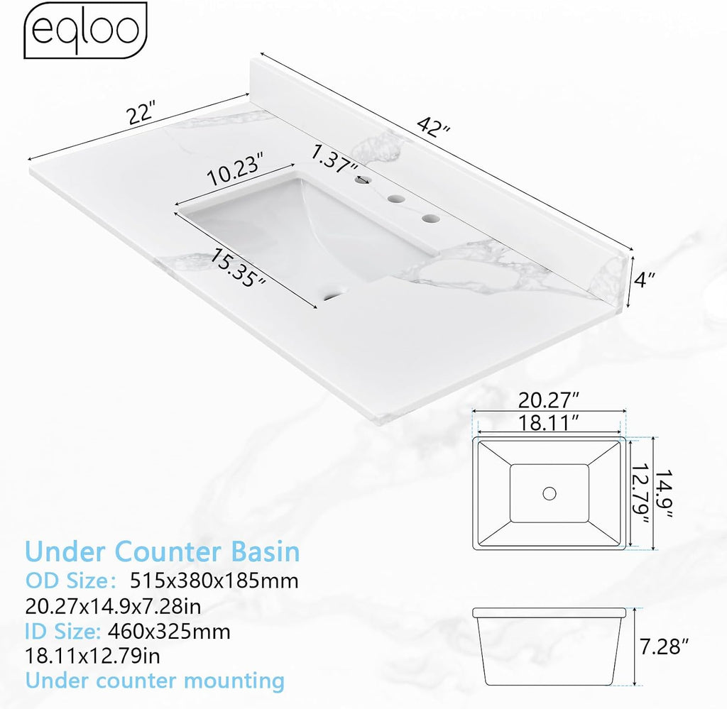 42 in. W x 22 in D Quartz Vanity Top in Calacatta Rocky, Vanity Sink Top with Assembled Single Drop-in Sink, Pre-Drilled Widespread Faucet Holes Countertop with 4' H Backsplash