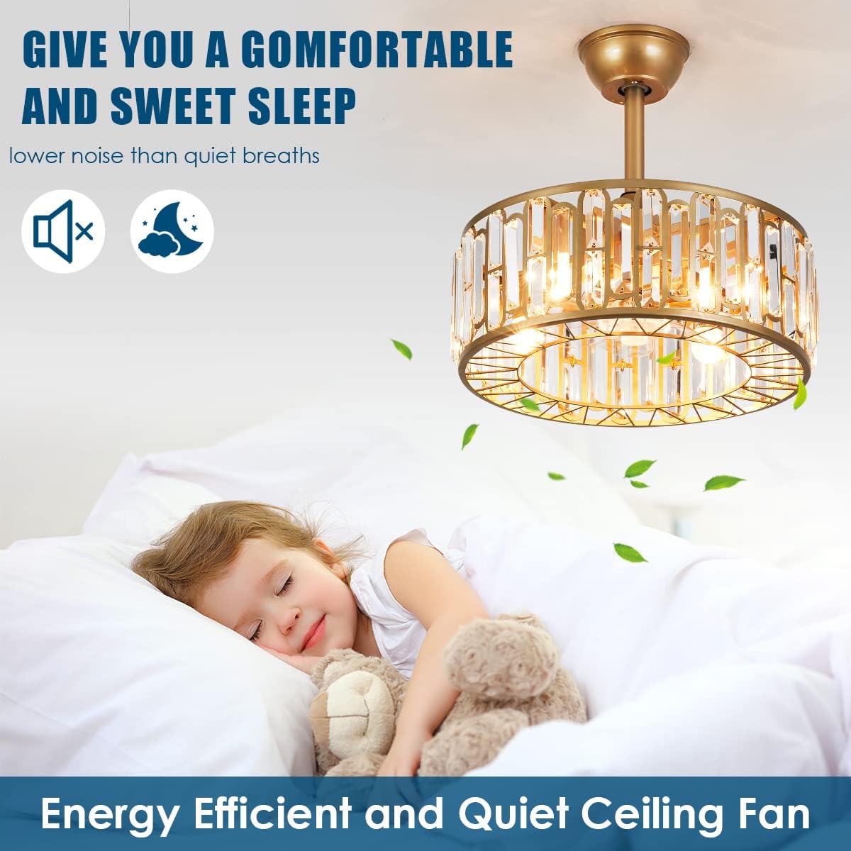 18.2' Crystal Caged Ceiling Fan with Light 4-Light Modern Fandelier Lighting Gold Ceiling Fan with Lights Reversible Remote Ceiling Fan Chandelier for Bedroom Living Room Dining Room Kitchen