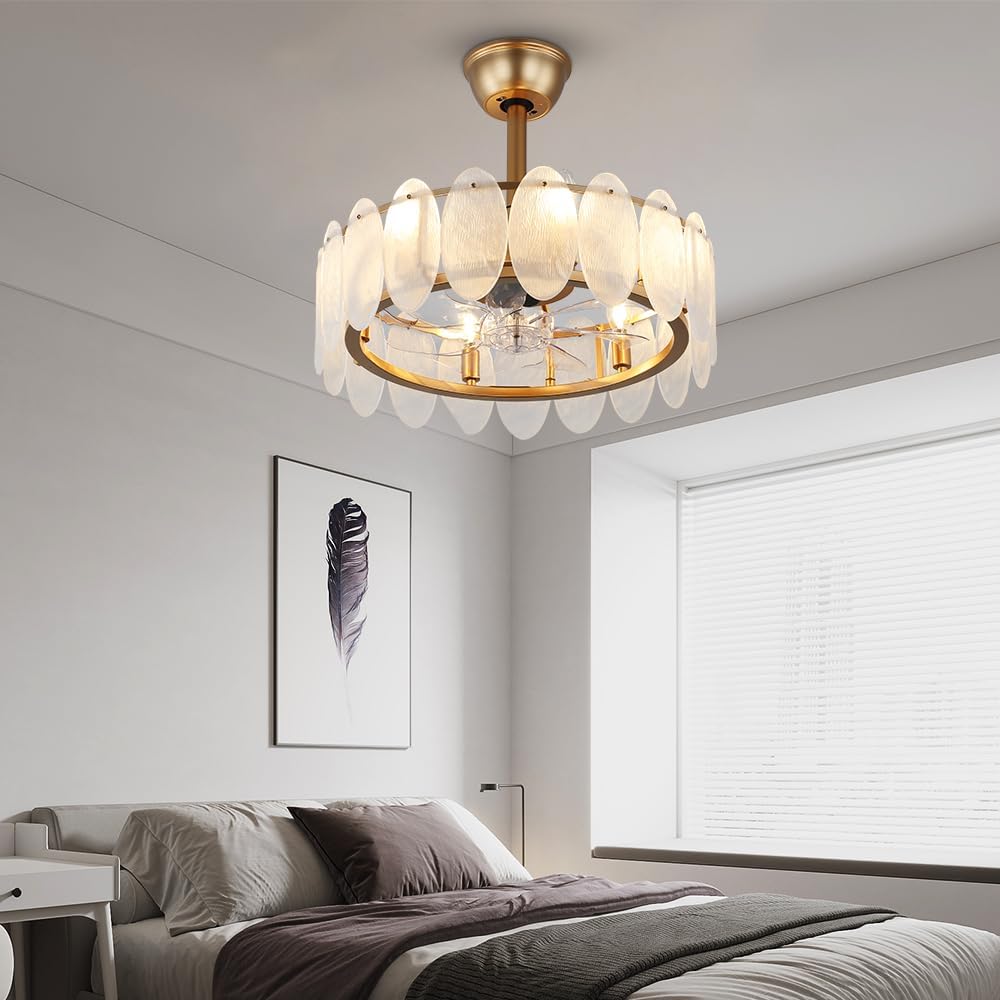 Deckrico 20' Gold Ceiling Fan with Crystal Light Modern Crystal Fandelier Chandelier Semi Flush Mount with Remote Control 6 Speeds for Bedroom, Living Room, Dining Room