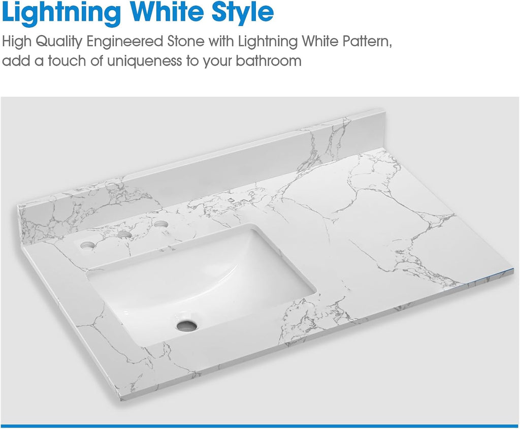 36 Inch Engineered Stone Bathroom Vanity Sink Top, with Undermount Rectangular Left Side Sink, Vanity Countertop with 8 inch Faucet Hole Spacing and Backsplash in Lightning White