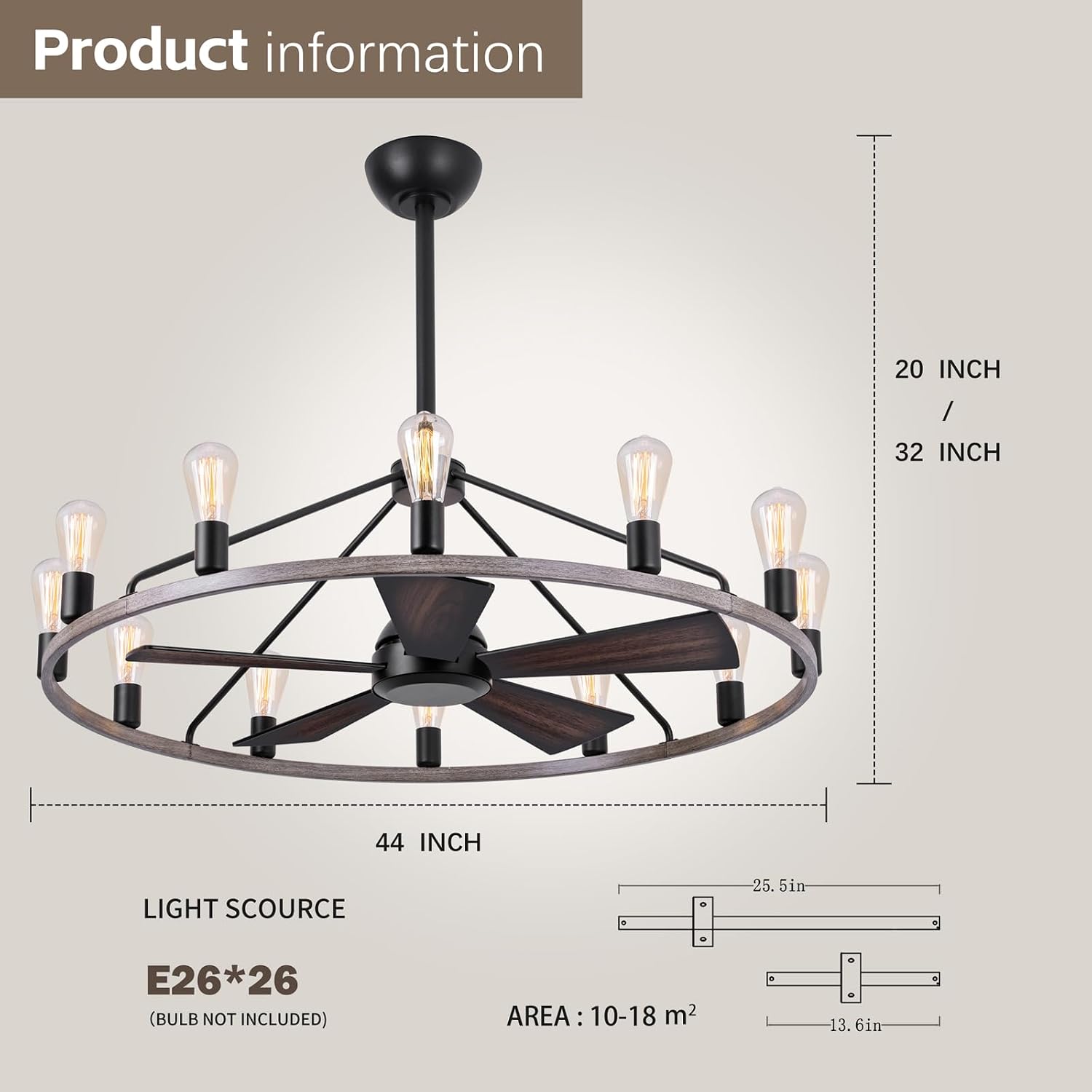 44'' Ceiling Fan with Light, Wood Wagon Wheel Chandelier, Large Farmhouse Fandelier Light Fixture, Chandelier for Living Room, Dining Room, Adjustable High Ceilings