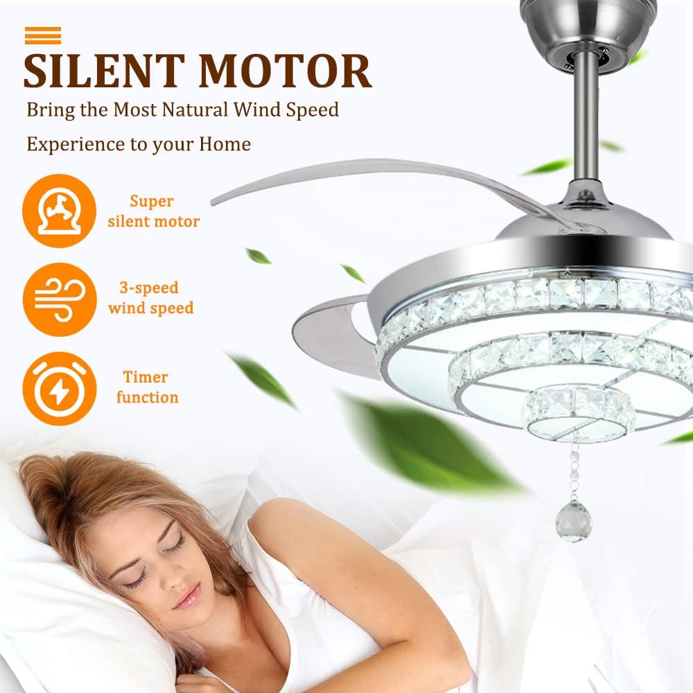 Modern 42'' Crystal Chandelier Ceiling Fan with LED Light Kit and Remote Invisible Ceiling Fan Light Retractable 3 Color Changing LED Fandelier for Living Room Bedroom