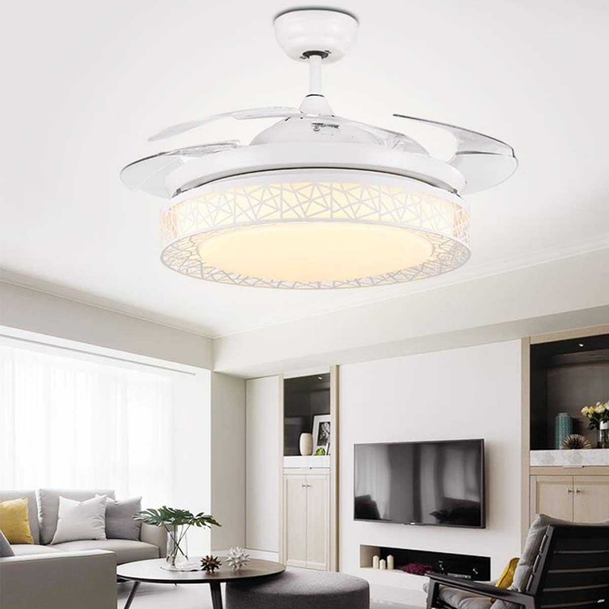 42' Retractable Ceiling Fan with Light, Modern Chandelier Ceiling Fan with Remote, Retractable Blades, 3 Color Light Dimmable Ceiling Fan and Light for Bedroom Living Room Dining Room (White)