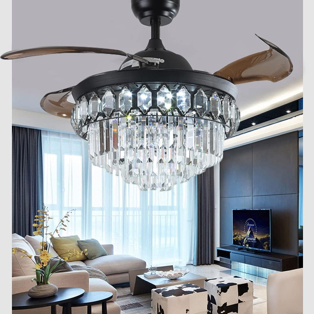 42' Retractable Blade Ceiling Fan with Crystal Modern Fandelier Ceiling Fan with Lights Indoor LED Luxury Ceiling Fan Chandelier,3 Lighting Color Nosie-Free Fan Rustic Black