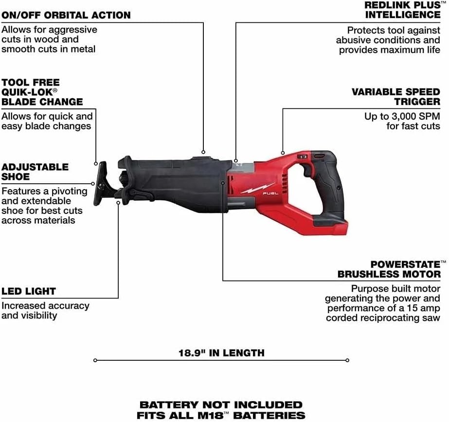 2722-20 Cordless Power Saws for Milwaukee M18 FUEL Brushless Super Reciprocating Saw Red - Bare Tool