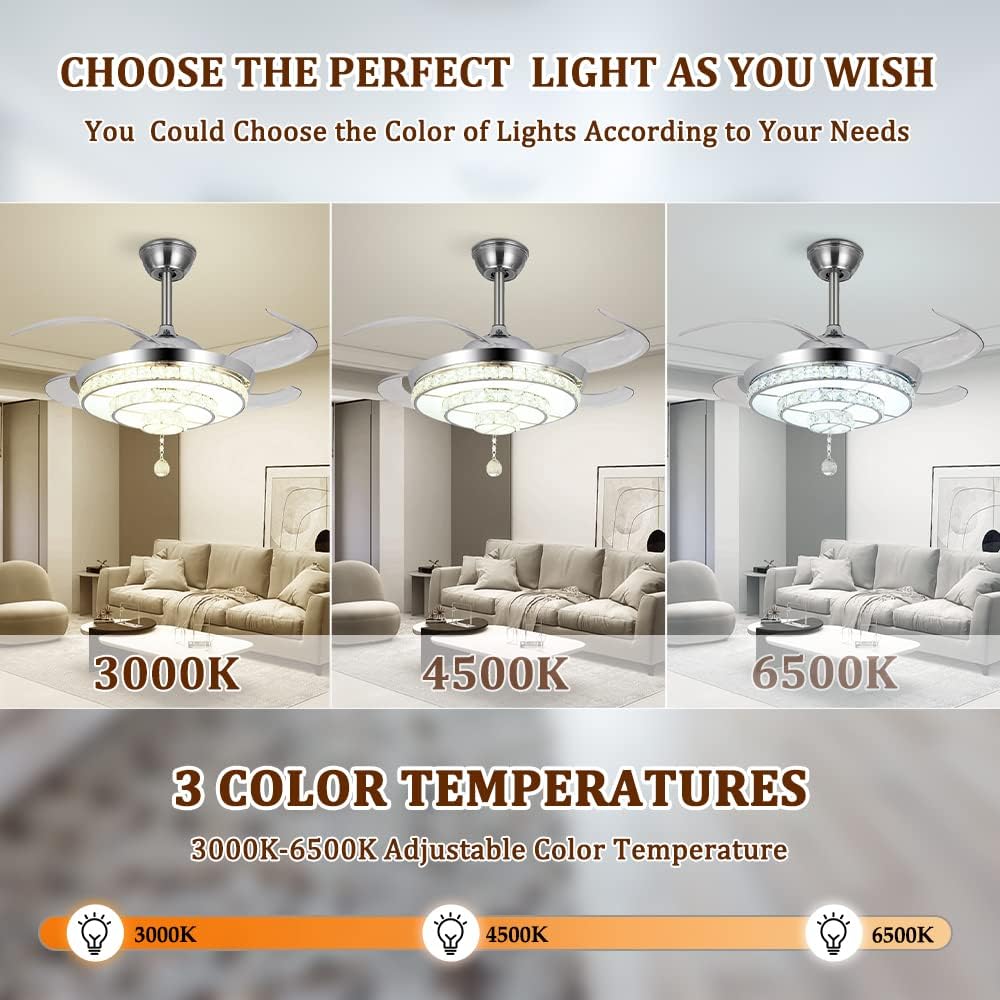 Modern 42'' Crystal Chandelier Ceiling Fan with LED Light Kit and Remote Invisible Ceiling Fan Light Retractable 3 Color Changing LED Fandelier for Living Room Bedroom