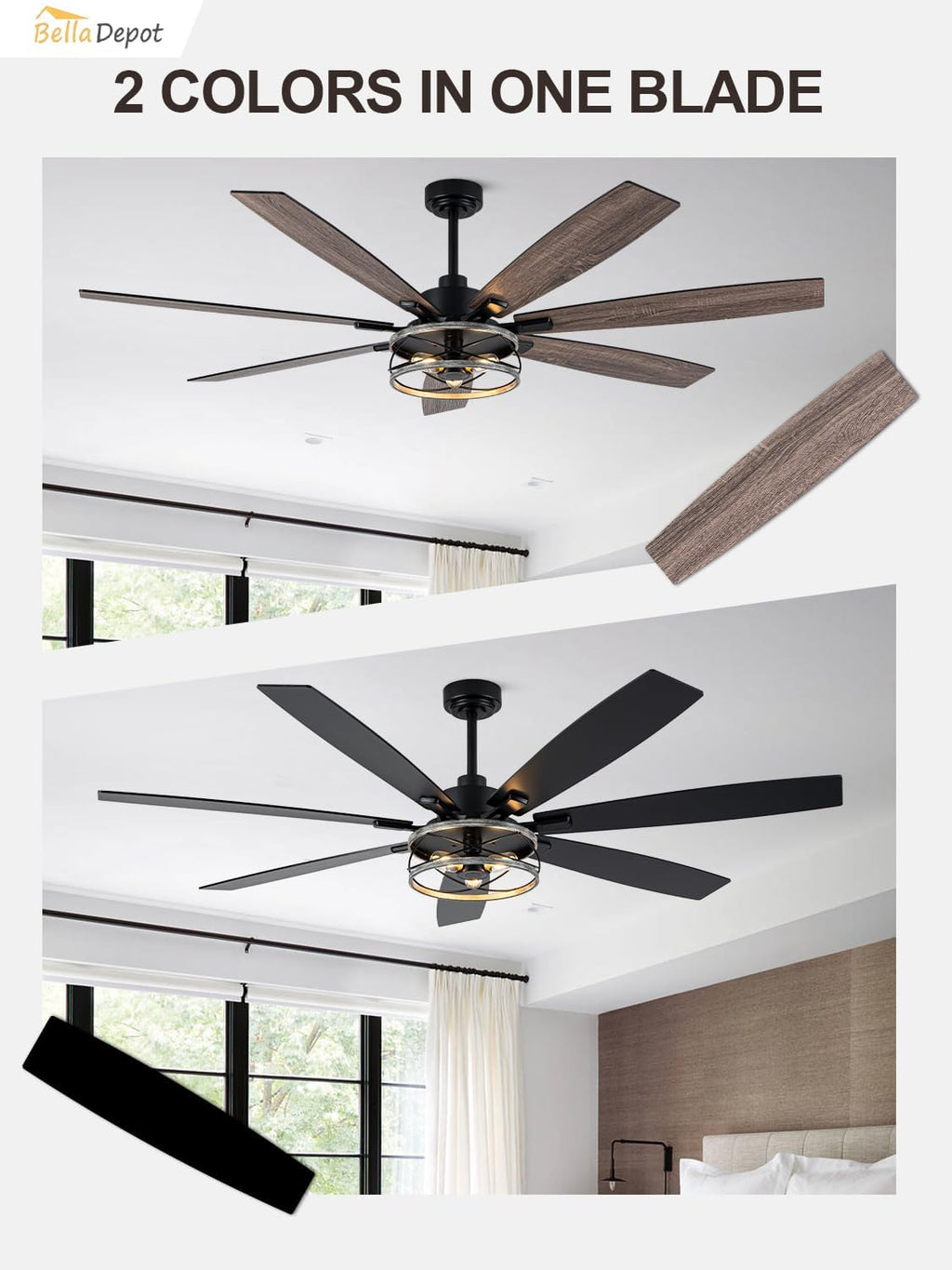Bella Depot 72 Inch Farmhouse Ceiling Fan Modern Black Chandelier Fan with Remote Control 6-Speed Reversible Timing Option - Ideal for Large Living Room, Garage, and Covered Patio