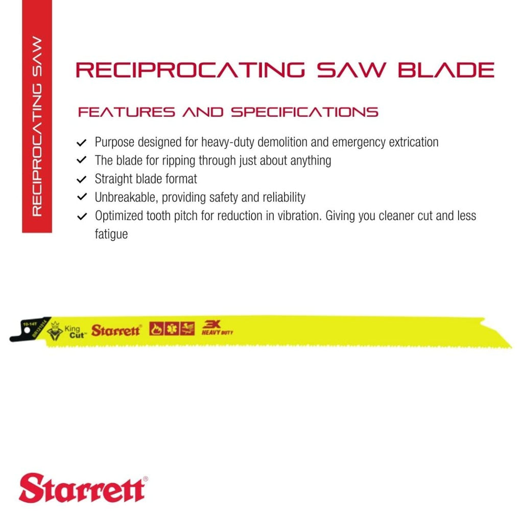 Starrett Bi-Metal King Cut Fire Rescue and Demolition Reciprocating Saw Blade - 12' Length, 3/4' Width, 0.50' Thickness, Straight Shape, 10-14 TPI - 50-Pack - BR121014-50