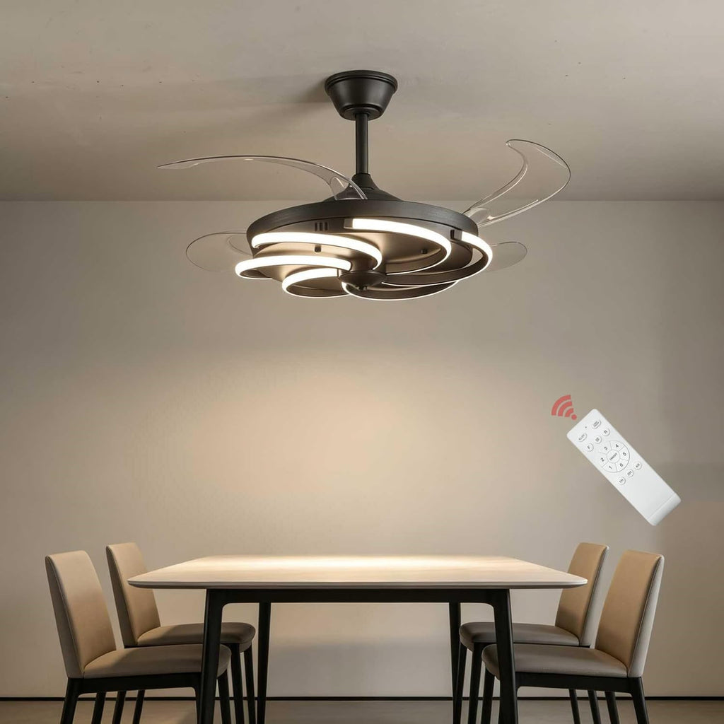 42' Retractable Ceiling Fan with Lights Modern Fandelier Fan Light with Remote Bladeless Fan Ceiling Light for Bedroom Living Room 6 Speed Black (Black RFL25012)
