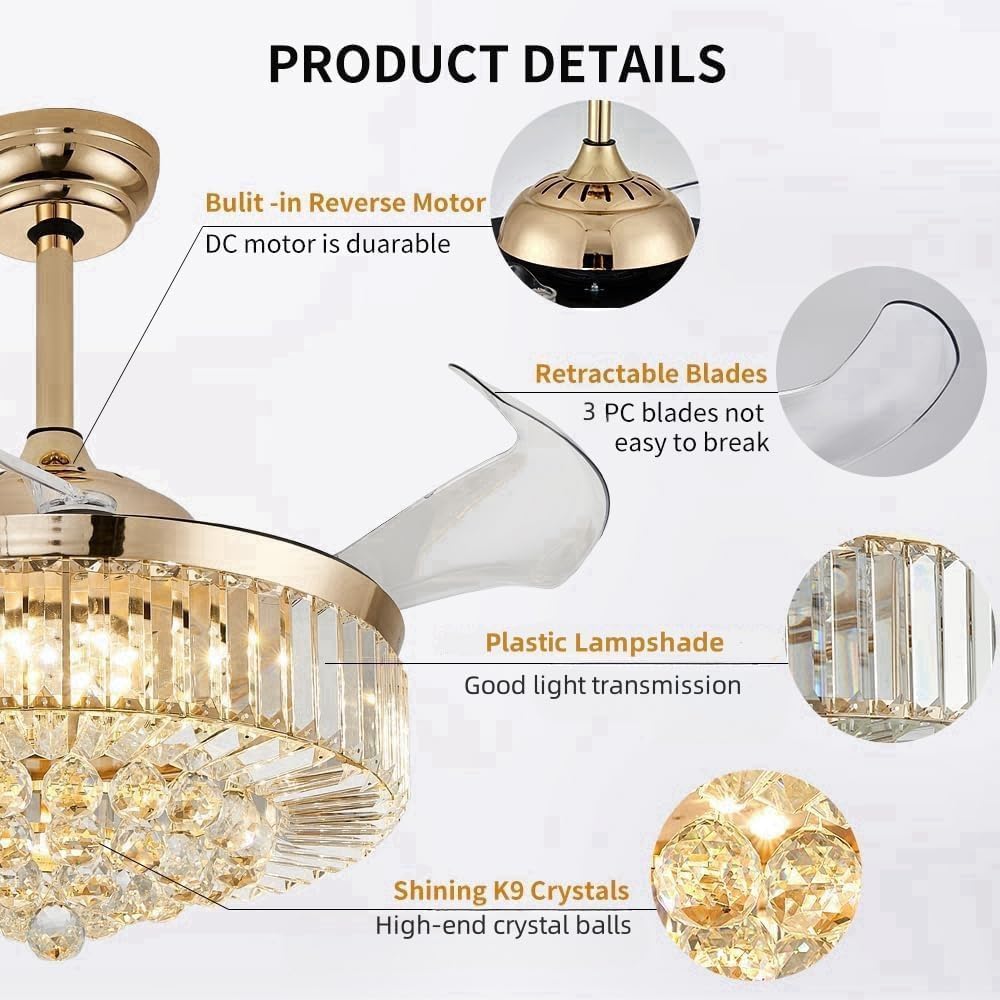 48 Inch Fandelier Ceiling Fan with Light, Chandelier Ceiling Fan for Bedroom Living Room, LED Dimmable, 6-Speed Reversible Motor, Timer & Memory Function-Gold