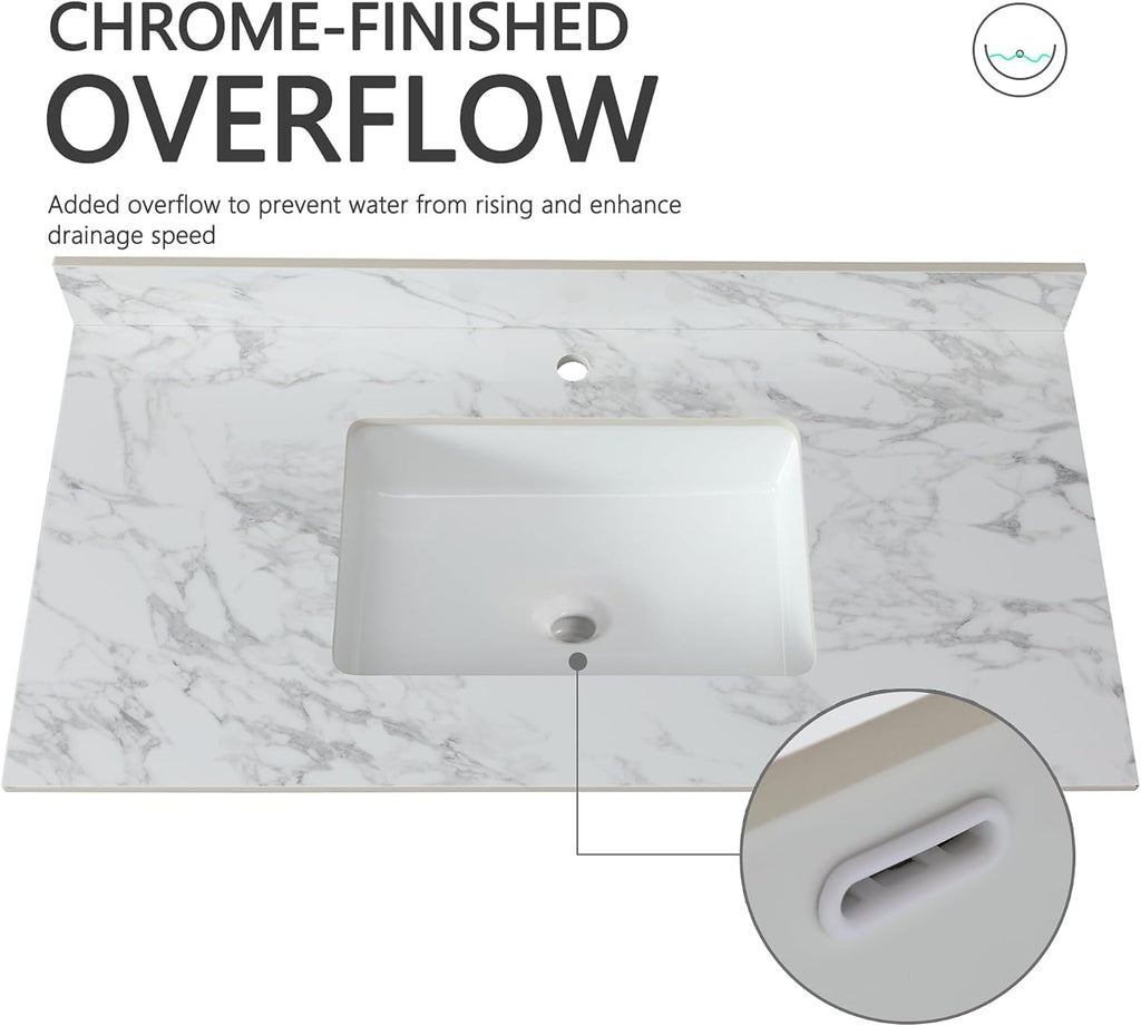 43x22 Marble Bathroom Vanity Top with Sink, Vanity Top with Sink with Pre-drilled Holes and 4' Backsplash, Perfect for Home & Rental Properties