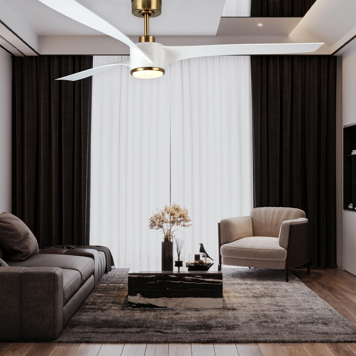 Wynwood QL2314WH 60-Inch Edgewater Matte White Ceiling Fan with Light, DC Motor, 6-Speed Remote Control, 3-CCT Dimmable LED, Reversible Airflow, ABS Blades, Downrod Mount, Indoor Ceiling Fan