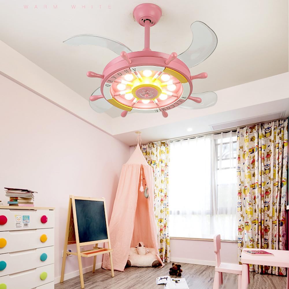 42' Chandelier Ceiling Fans with Lights Kids Nautical Rudder Invisible Ceiling Fan Light with Remote Control Retractable Blades Reversible Ceiling Fan with Light for Boys Girls Bedroom Nurser