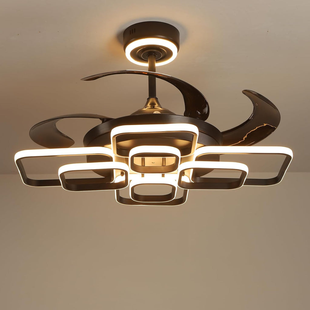 48 Inch Retractable Fandelier Ceiling Fan Chandelier with Lights and Remote for Bedroom Indoor Decoration, 3 Color Changeable, Dimmable with App, Timer Setting, Black
