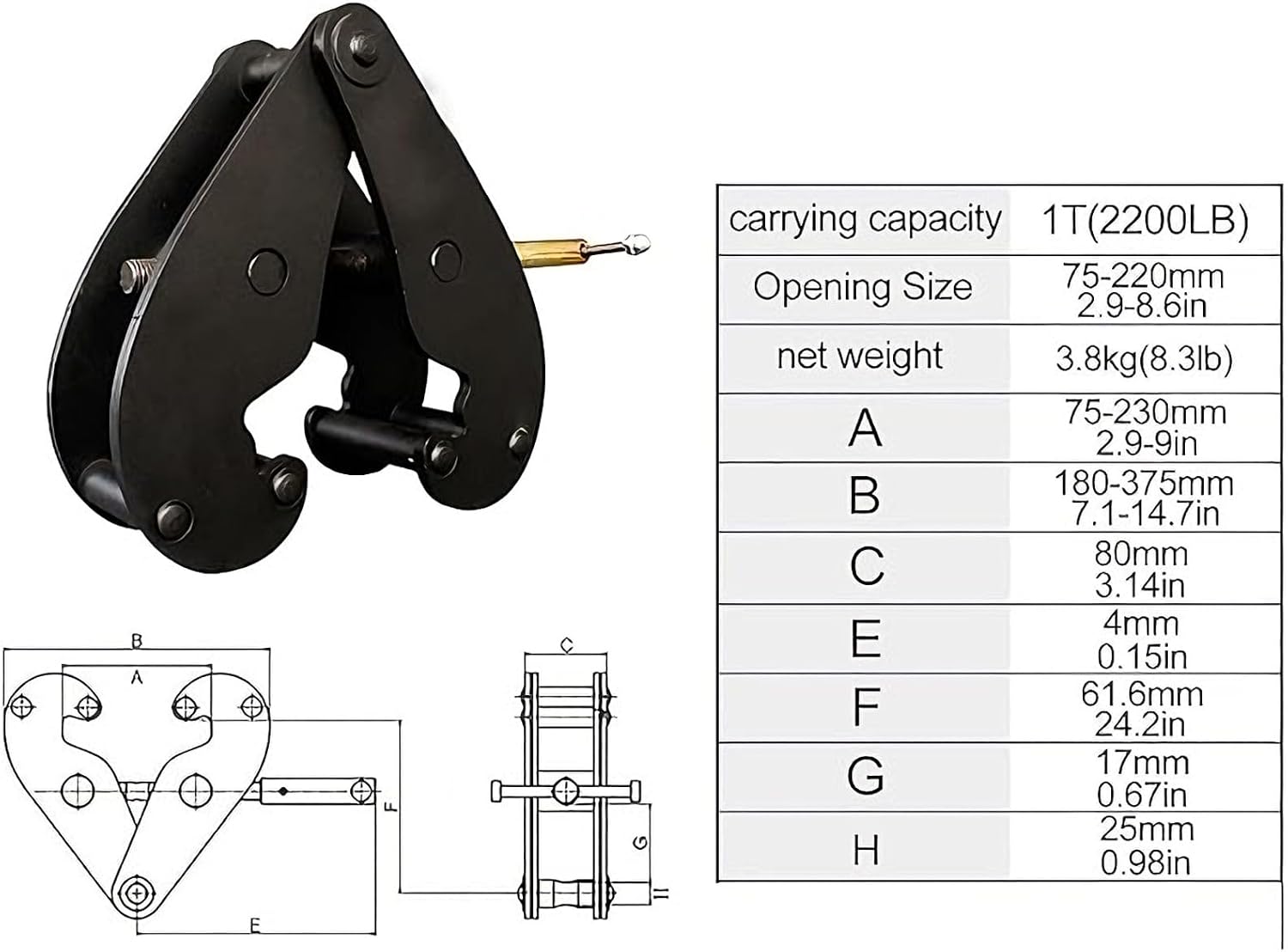 Lifting Clamps, Rail Clamp Lifting Tongs, Rail Clamps, Opening Sizes 75-320 Mm (2.9-12.5 in), Forged Alloy Steel, Suitable for Timber and Firewood Handling(Size:1T/2200LBS)