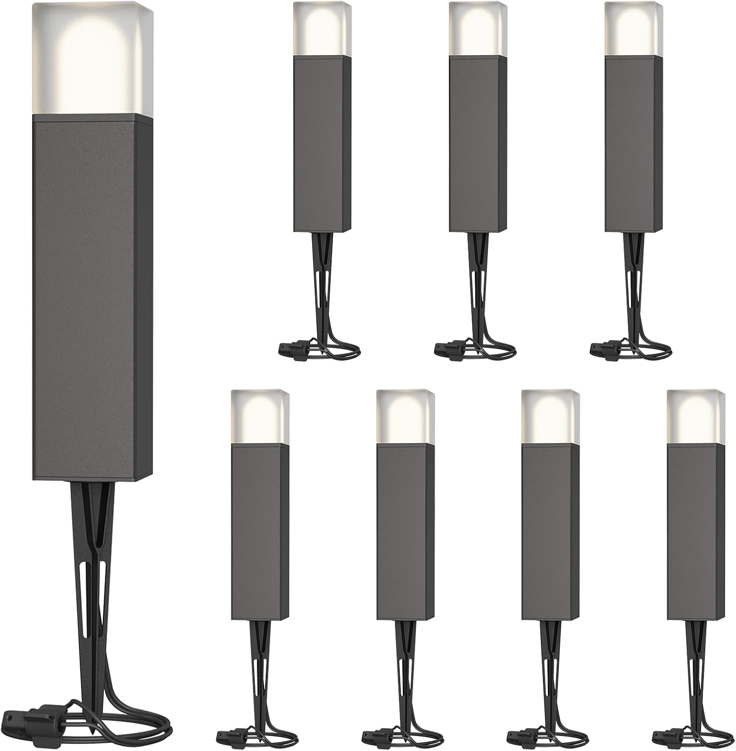 GOODSMANN Low Voltage Pathway Lighting 8PK Bollard Landscape Lights Kits 2W 2700K Warm White LED Wired Path Light 100 Lumens Outdoor Metal Brown Finish Walkway Driveway Light with Connector Stake