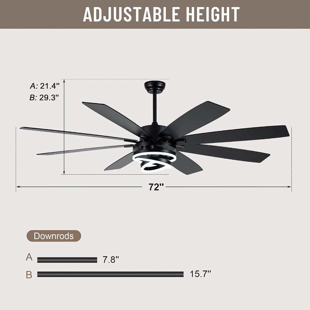 Farmhouse Ceiling Fans with Lights,Chandelier Fan with DIY Rings LED,Fandelier Ceiling Fans with Lights for Living Room/Bedroom (Black-MD-DC7205, 72 Inch)