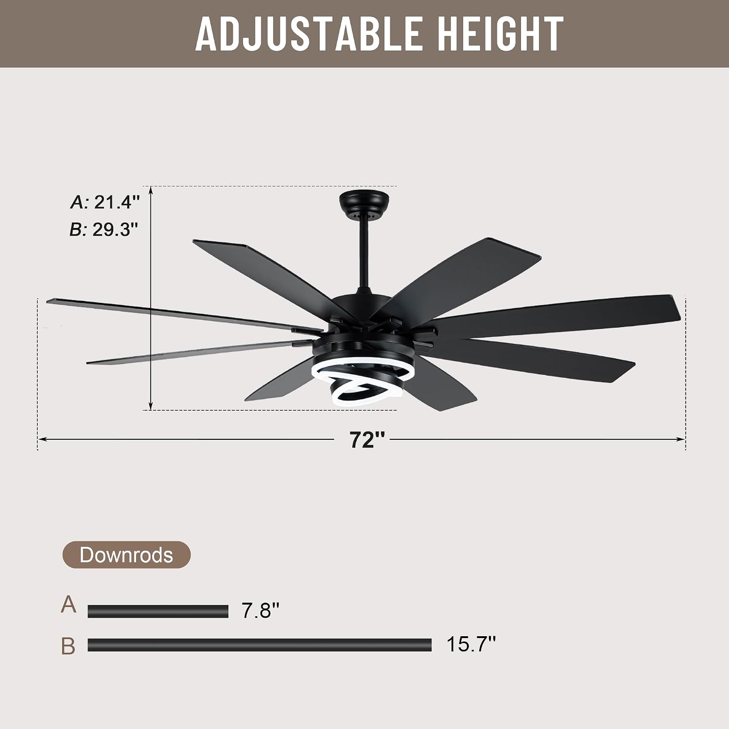Farmhouse Ceiling Fans with Lights,Chandelier Fan with DIY Rings LED,Fandelier Ceiling Fans with Lights for Living Room/Bedroom (Black-MD-DC7205, 72 Inch)