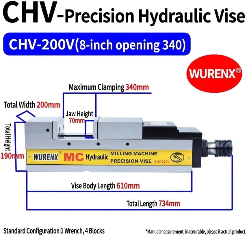 High Precision Hydraulic CNC Machine Vise 4'/5'/6'/8', Heavy Duty Milling Vise for CNC Milling Machine, Hardened Steel Precision Vise for Metalworking Machining (CHV-200V 8inch(Jaw opening 13.39inch))