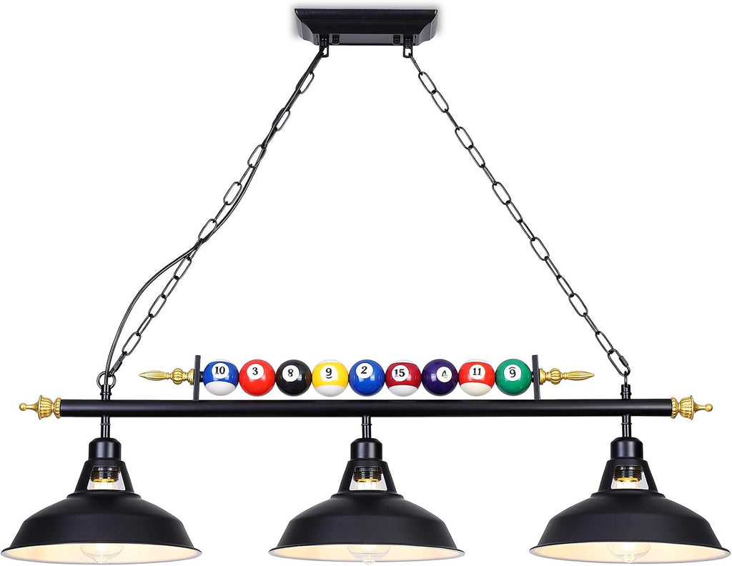 3-Light Billiard Pool Table Lights Hanging Over Pool Table, Black Matte Metal Shades with Billiard Ball Decor, for Billiards Room, Snooker Table, Kitchen Island