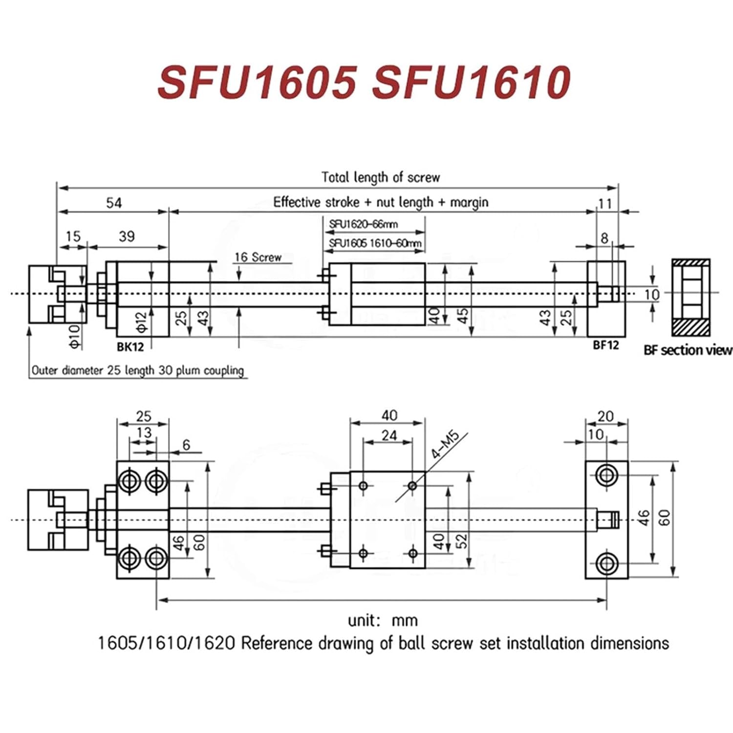1 Set 16mm Ball Screw SFU1605 / SFU1610 with 5mm / 10mm Pitch Single Ball Nut + Bearings for CNC(SFU1605,1300mm)