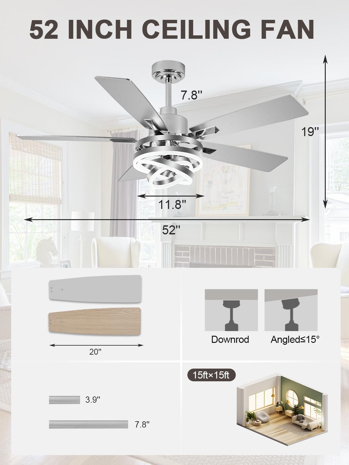 Bella Depot 52' Modern Ceiling Fan with Light, Metal Chandelier Fan with Remote, Rustic Indoor Fandelier with DC Motor for Dining Living Room Bedroom(Chrome)