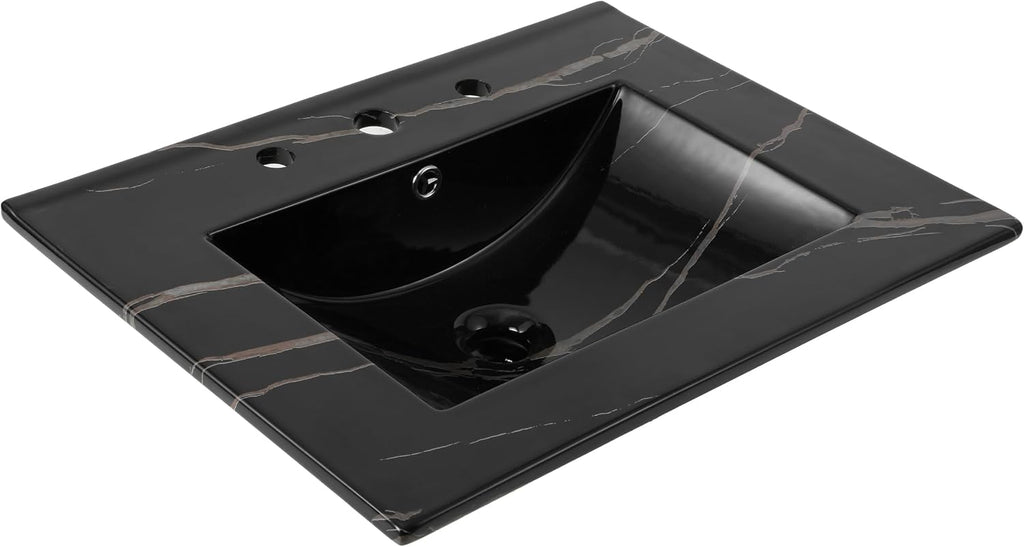 JONATHAN Y Ancillary 24 in. W x 18.25 in. D Ceramic Vanity Sink Top with 3-Hole Rectangular Single Sink Basin, Black Marble Effect SNK1001D